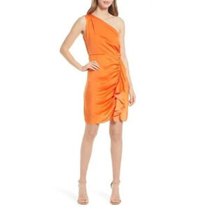 SAM‎ EDELMAN One-Shoulder Ruched Satin Dress Orange Size 4 NWT $128